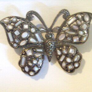 Vintage 925 Moonstone Cabochons Filigree Butterfly Brooch